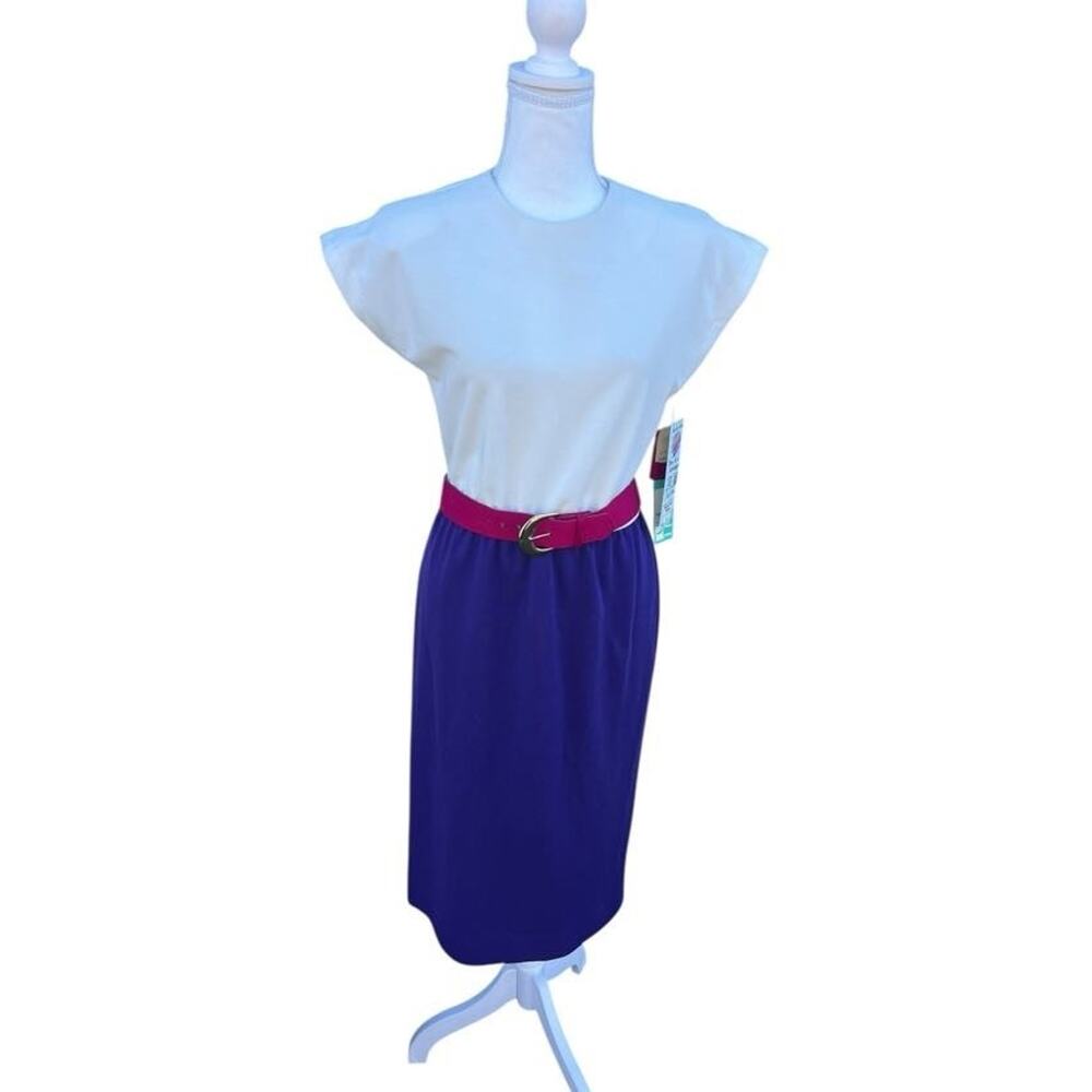 Vintage Dress Leslie Fay Belted Colorblock Midi Secretary Size 6P White/Purple
